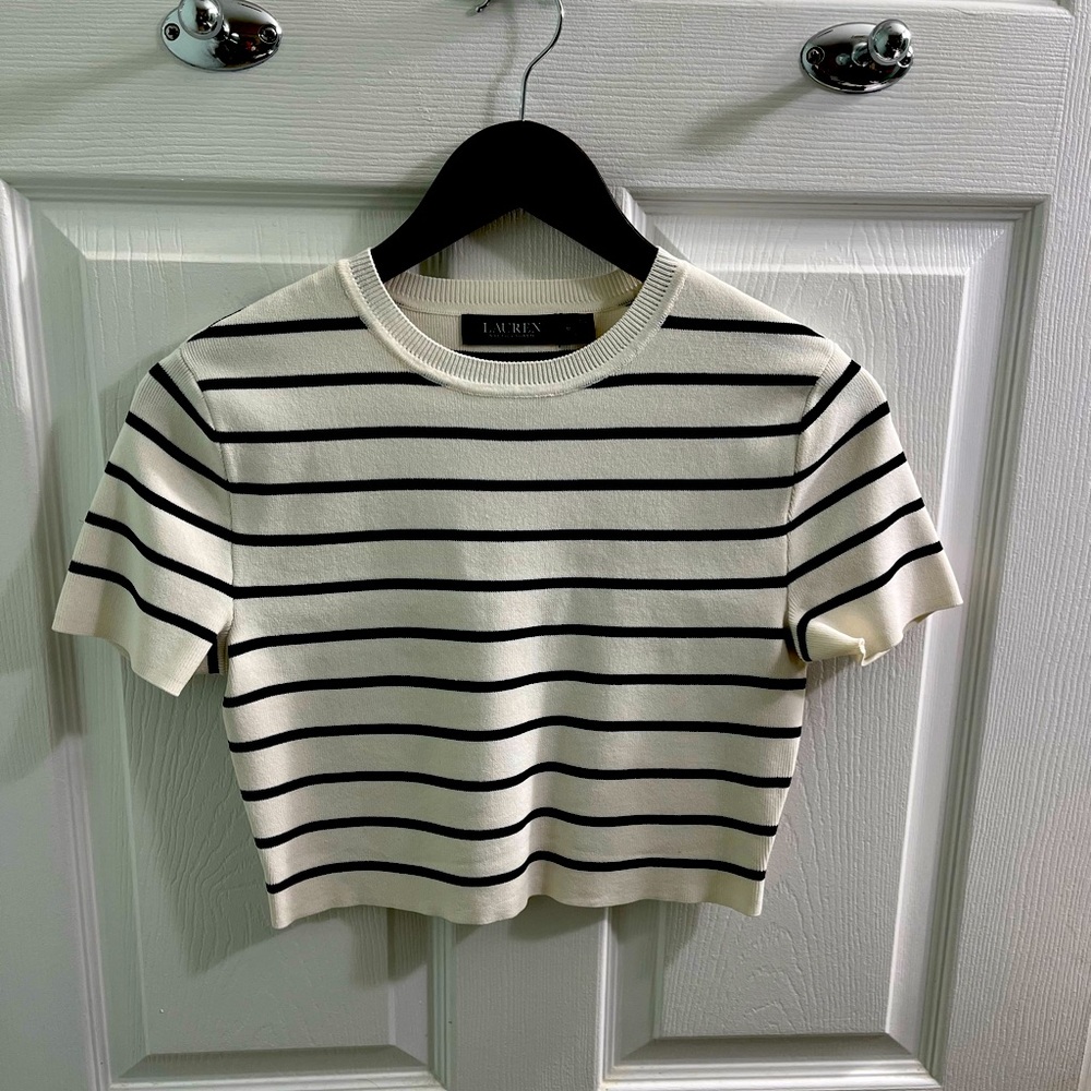 Ralph Lauren Striped Short-Sleeve Cropped Sweater